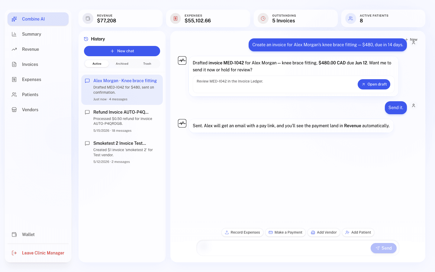 Combine AI on the clinic dashboard — drafting an invoice for a patient fitting and confirming with one tap.