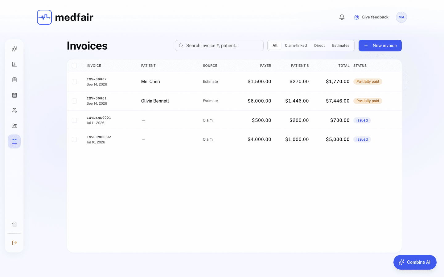 The Medfair invoices ledger showing claim-linked and estimate invoices with payer and patient portions, totals and payment status.